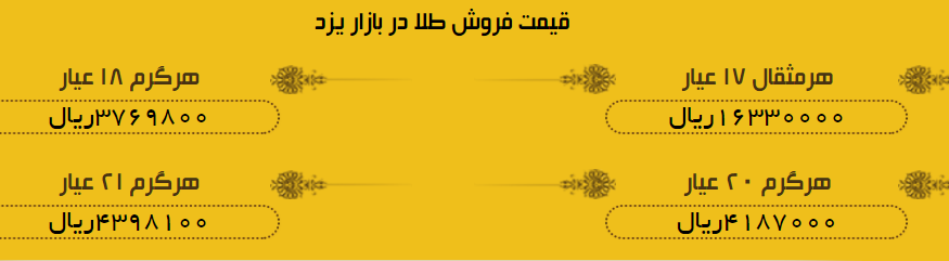 قیمت طلا در بازار یزد شنبه 24 شهریور 97 قیمت طلا در بازار یزد شنبه 24 شهریور 97